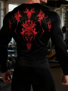Men's Gothic Thorn Print Compression Shirts Long Sleeve Gym T-Shirt, Activewear Tee, Moisture-Wicking Dual Print, Dark Aesthetic Fitted Top for Workout