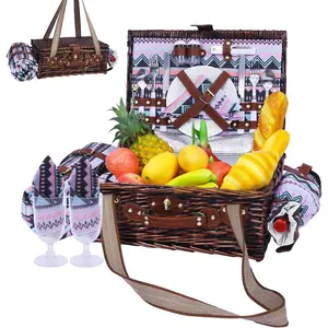 Wicker Picnic Basket for 2 Boho with Insulated Cooler &  Blanket - Large Willow Picnic Hamper for Outdoor, Camping, Beach, Romantic Dates, Valentine's Day