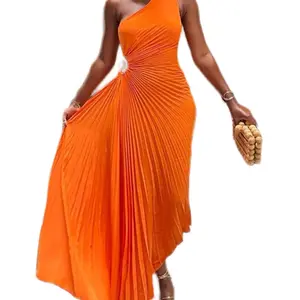 Orange Pleated Maxi Dress Sleeveless Summer