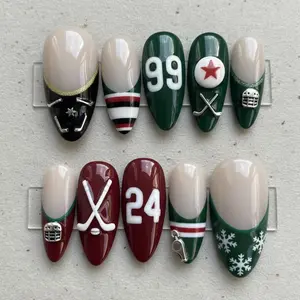 Handmade Ice Hockey Fan Press On Nails, Almond-Shape Set with 3D Hockey Stick & Helmet Art, Custom Jersey Number, Green/Red/Black Sporty Design