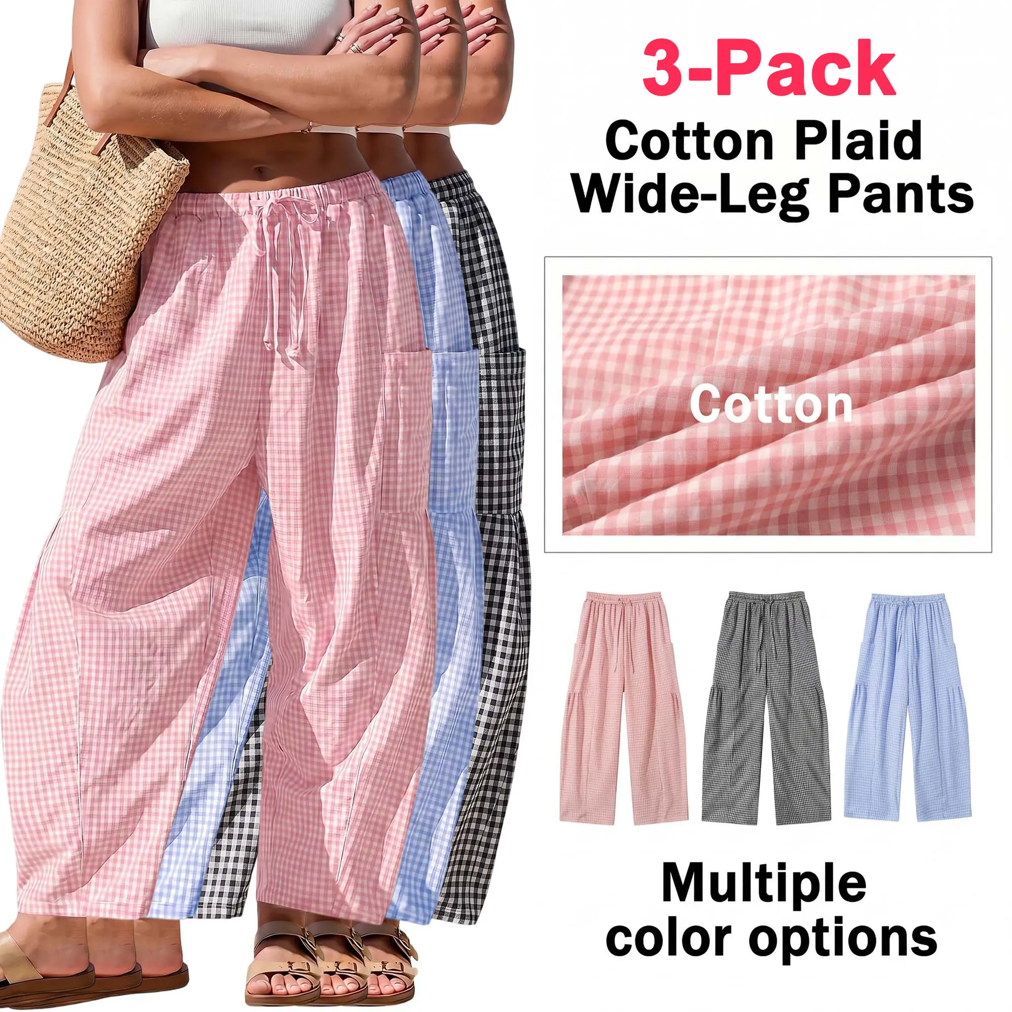 Women’s summer plaid wide-leg casual pants, 55% cotton for breathability; comfortable, loose, elegant harem/balloon pants with an elastic drawstring waistband and side pockets—suitable for home, sleep, and vacation wear.