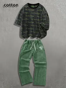 Comfortable Cotton Fabric Loose Print Two-Piece Set, Breathable Short Sleeve Pants, Casual Street Style, Spring & Fall Fashion