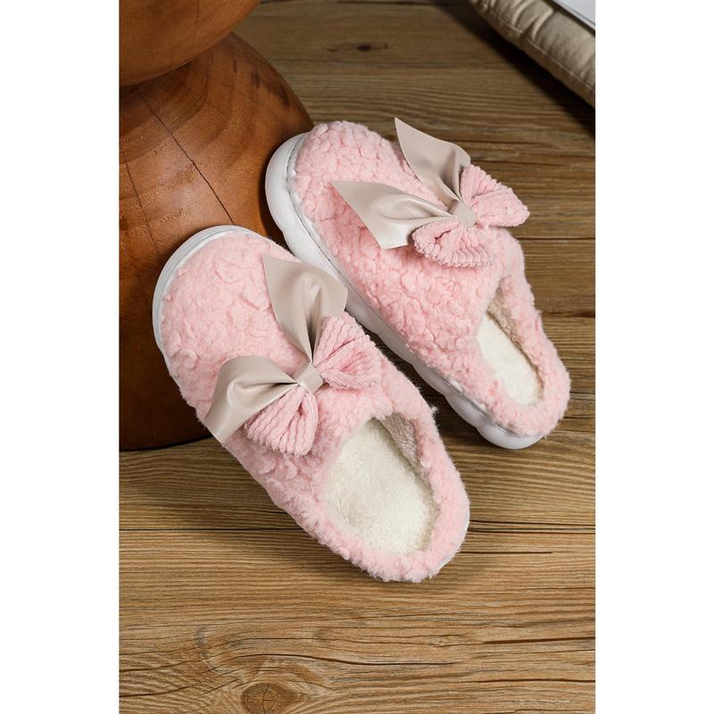White Contrast Bowknot Applique Plush Winter Slippers