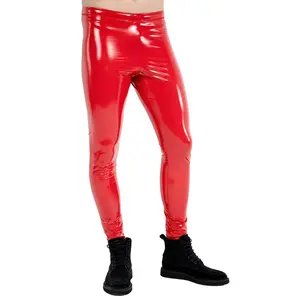 Kapow Meggings Red Ned Vinyl Men’s Leggings with Rear Pockets | Bold Shiny Fashion, Festival & Streetwear Fitness Pants High Waist Stretchy