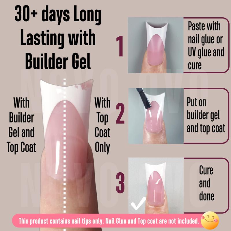 NOVO OVO White French Tip Duck Feet Nail Tips Full Cover for Press on Acrylic with Moon Curve, Thick Medim Long Pre-Etched Matter Flare Wide Soft Gel Fake False Nail Extension x 15 Sizes 150 pcs【NO GLUE ,TOP COAT AND LAMP INCLUDED】