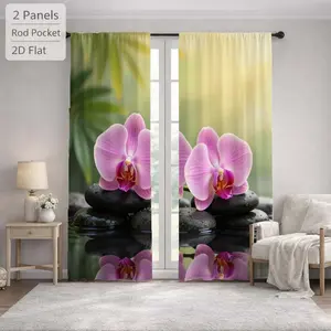 2Pcs Zen Stone Orchid Flower Pattern Sun Blocking Curtains Digital Printed Rod Pocket, Window Treatment For Bedroom Office Kitchen Living Room Study Home Decor