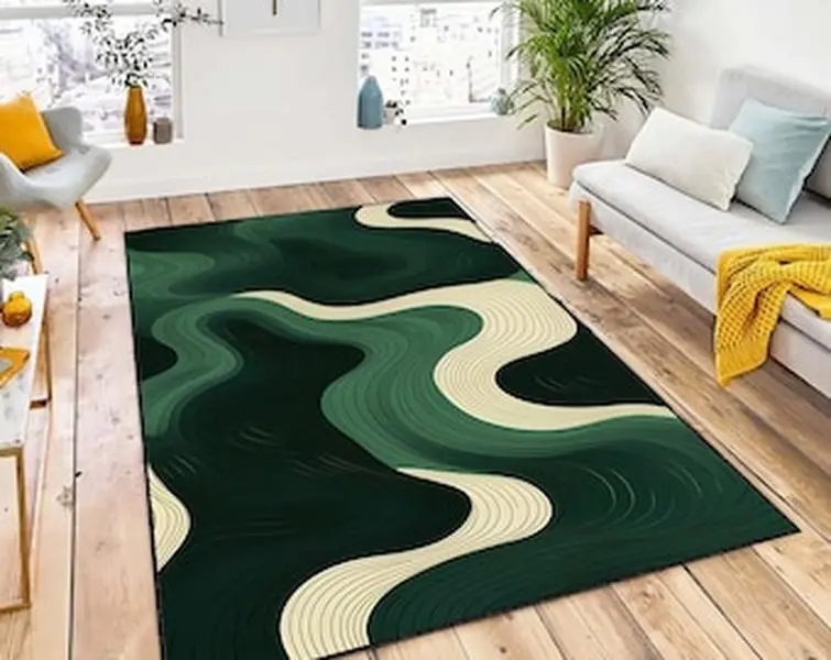 Green Landscape Abstract Rug, Abstract Green Wave Rug, Modern Design, Minimalist Rug, Living Room Rug, Area Modern Home Decor, Kitchen Rug,aesthetic room rug, rugs for room men, cool rugs, hypebeast rugs, shoes off rug "