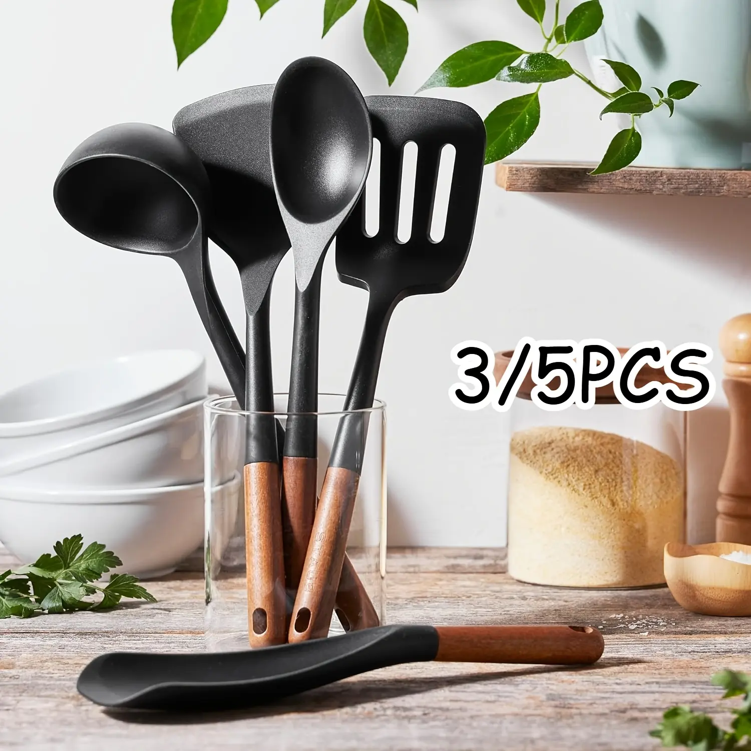 3/5-piece silicone cooking utensil set with wooden handles