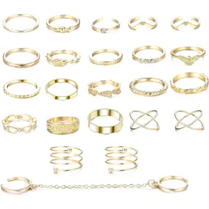 FINREZIO 24 Pcs Golden Versatile Stackable Rings Set for Women Men Trendy Bohemian Vintage Knuckle Alloy Rings with Geometric Twisted Chain Wing Designs Retro Hypoallergenic Midi Rings for Daily Wear Parties Gift Giving