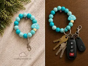 Blue Mushroom Beaded Wristlet Keychain