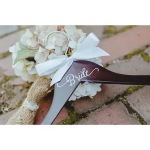 'Bride' Decal Hanger with Walnut Finish and White Bow for Wedding Dress Photos - Vinyl Decals - Wood wooden hanger Wooden Wedding Removable Ornaments
