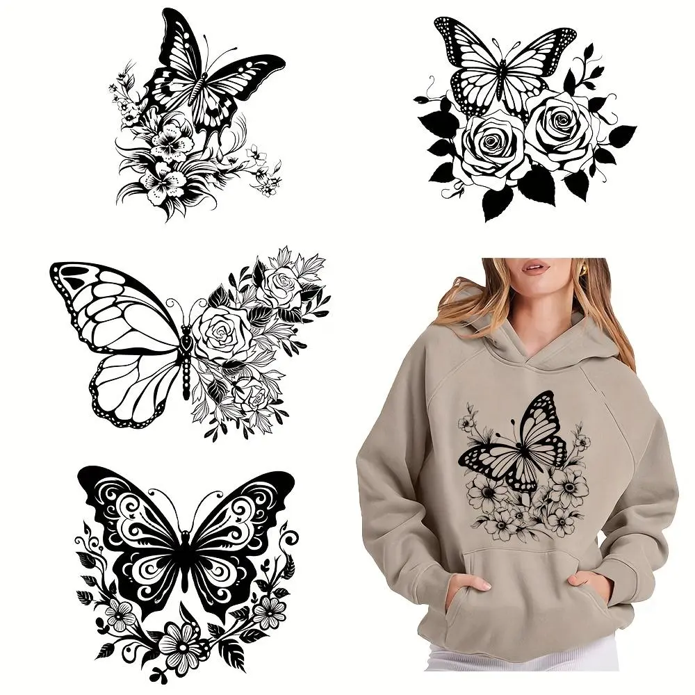 Butterfly & Floral Pattern DTF Iron-on Transfer Sticker, 6 Counts/set Washable Heat Press Decals for DIY T-shirts, Jeans, Masks, Backpacks, Craft Supplies, Crafts DIY Material