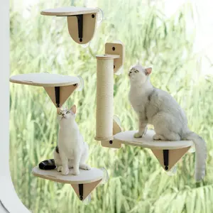 MEWOOFUN Sturdy Cat Window Perch Hammock with Climbing Steps and Scratching Post Wooden Window Mounted Cat Bed for Indoor Cats (3 Pcs Cat Climber Set), Space Saving Window Cat Wall, Vertical Cat Space Durable Cat Seat for Window Sill