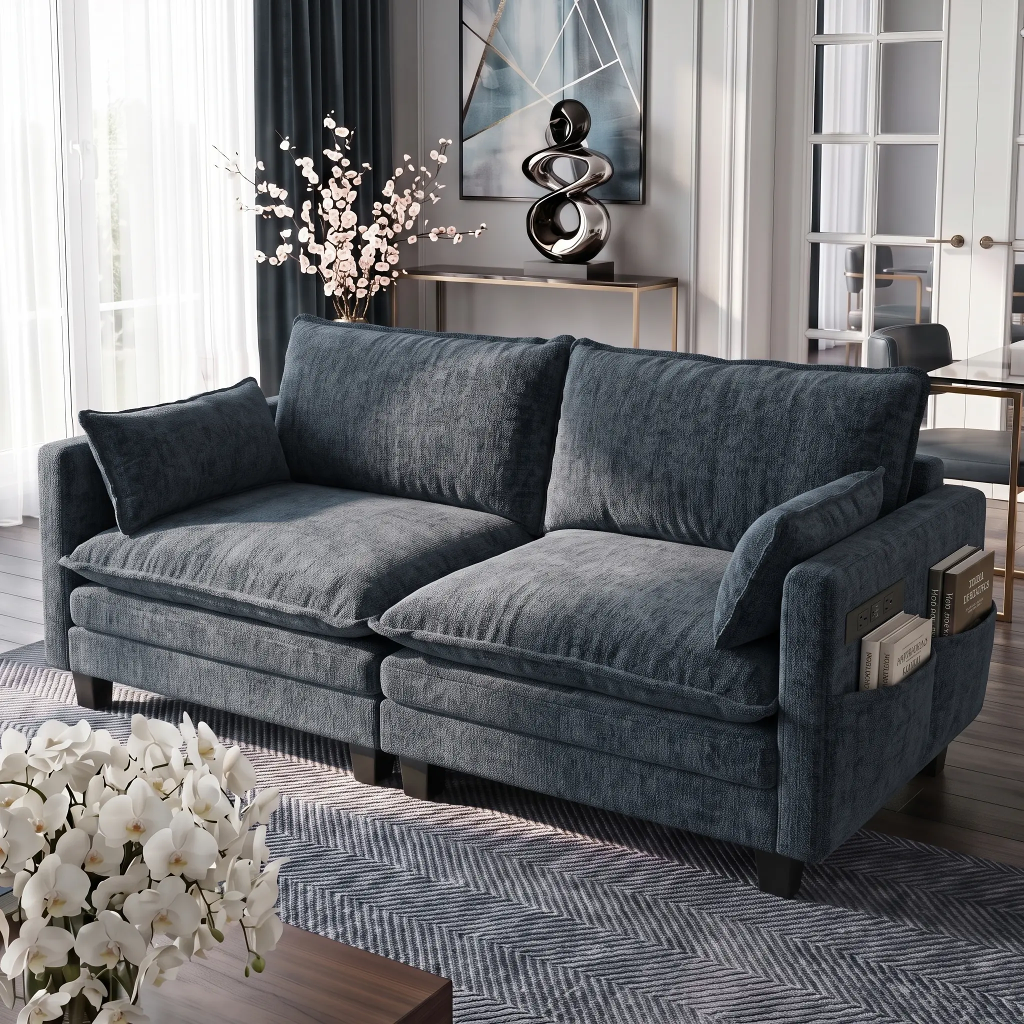 Eyisean 74.8" Chenille Fluffy Cloud Loveseat Sofa - 2-Seater Fixed Arms Modern Small Space Smart Furniture, Comfy Couch with USB Ports, Side Pocket, Double Layer Upholstered Deep Seat, Pillows, Solid Frame, Easy Assembly for Living Room