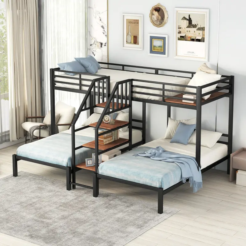 Bellemave Solid Metal Triple Loft Bunk Bed, Space-Saving Indoor Furniture Bed Frame with Storage Shelves and Staircase, Triple Beds