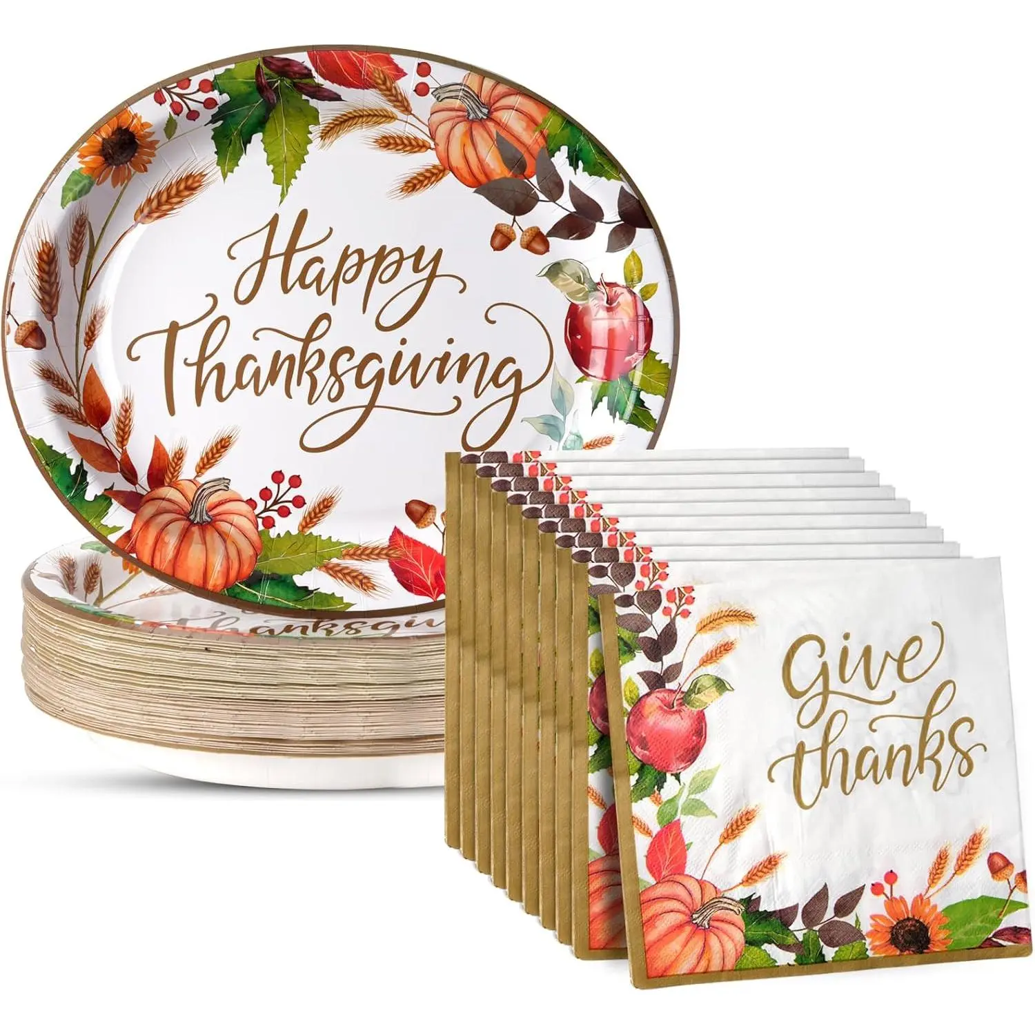 100-Piece Thanksgiving Oval Dinner Plates & Napkins Autumn Dinnerware & Napkin Set Thanksgiving Disposable Party Supplies Harvest-Themed Table Decor Serves 50 Guests