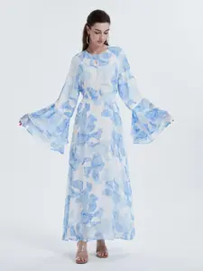 Women's All Over Print Layered Sleeve Dress, Modest Elegance Flounce Sleeve Round Neck Fitted Long Dress for Party Wedding Guest, Ladies Islamic Clothing for All Seasons