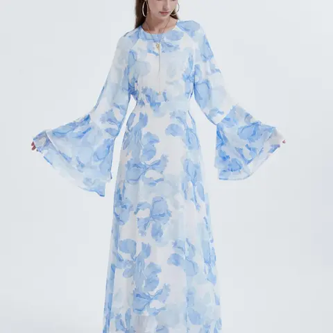 Women's All Over Print Layered Sleeve Dress, Aesthetic Modest Flounce Sleeve Round Neck Long Dress for Party Wedding Guest, Ladies Islamic Clothing for All Seasons Garden Party Wedding Guest Dress