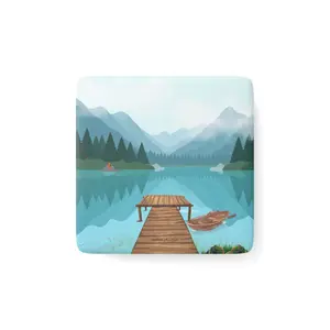 Lakeside Dock Illustration Porcelain Magnet | Mountain Lake Scene
