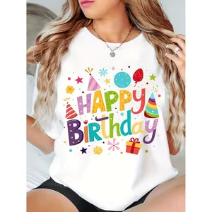 Women's Birthday Balloon & Confetti Print T-Shirt - Stretch Fit Party Outfit Suitable for Party & Casual Wear - Machine Washable Spring Summer Birthday Outfits (Balloon Print)