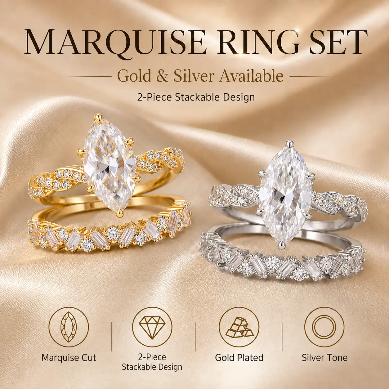 Women's 3ct Marquise Cut Twisted Stackable Ring Set - Goldplated Cubic Zirconia, Baguette Matching Band, Beautiful Elegant Sparkling Engagement Jewelry Gift for Her, Beautiful Rings