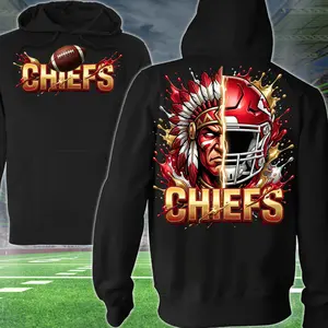 Undefeated Chiefs Football 2 Sided Hoodie, Football Player Sweatshirt, Sports Apparel, Red & Navy Helmet Pullover Classic T-shirt, Graphic Printed Streetwear Top, 100% Classic Cotton, Gift For Fans