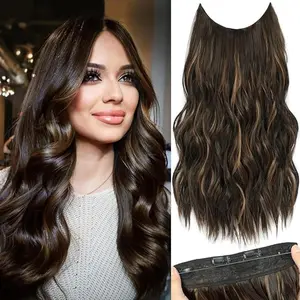 Invisible Wire Hair Extensions with Transparent Wire, Long Curly Wavy Hair Pieces for Women, Adjustable Size 4 Secure Clips Synthetic Hair 20inch