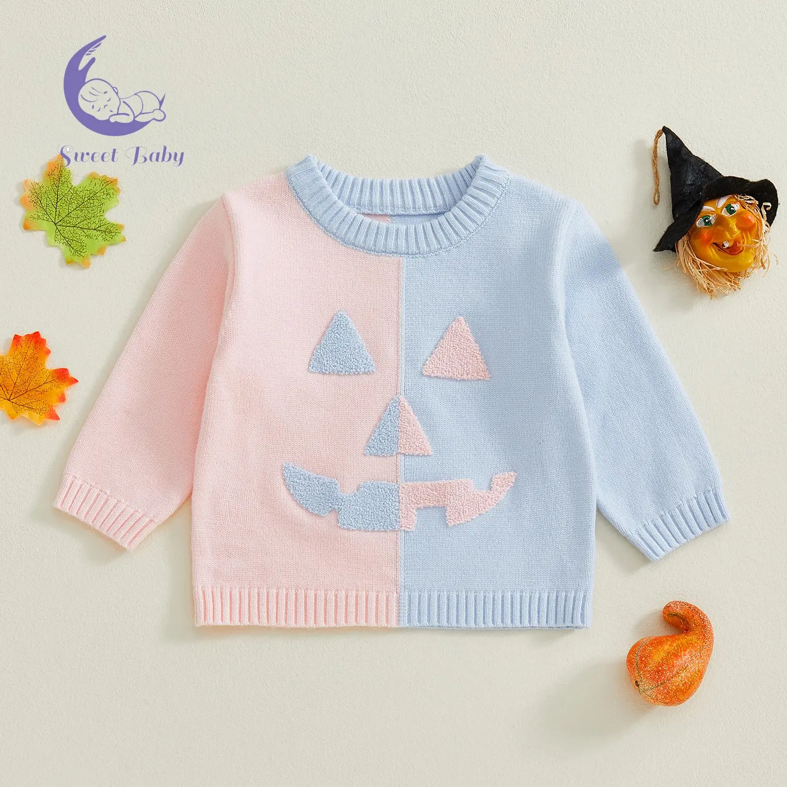 Baby Halloween Long-Sleeve Round-Neck Contrast-Color Pumpkin Print Sweater, Toddler Boy Sweater Top Layers Under Jackets, Gift Outfit
