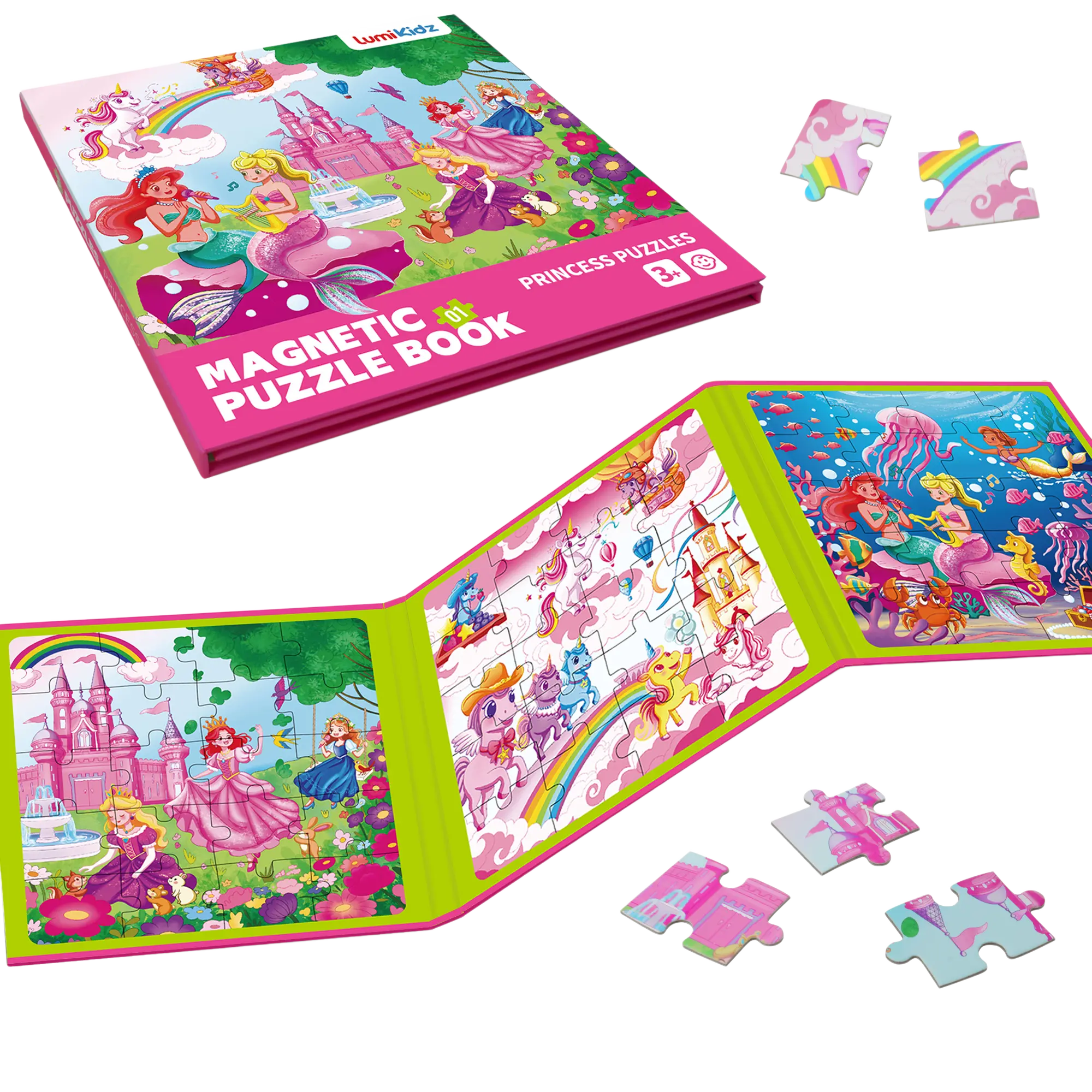 [SchoolMustHave]LUMIKIDZ 3 Theme Magnetic Puzzle Set - Three fold, 20 puzzle pieces per page, 60 educational learning magnets, children's toys, toddler toys, ideal road travel activity for boys and girls aged 2-7 summerwins