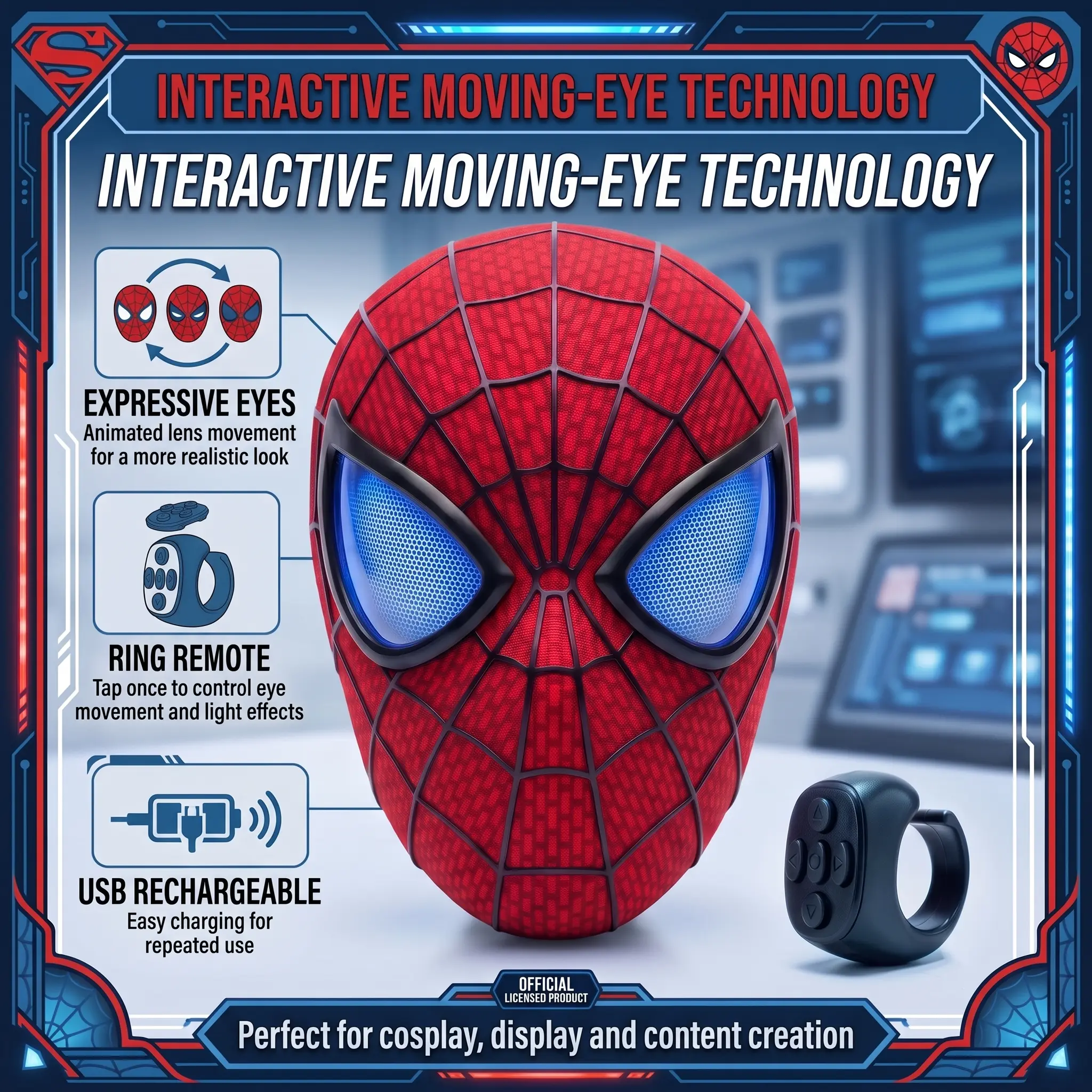 Spider-Man Interactive Moving-Eye Technology Mask with Expressive Eyes Ring Remote & USB Rechargeable for Cosplay Display and Content Creation