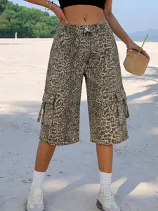 Spring Summer Women's Denim Mid-Thigh Pants, Fashion Trendy Casual Loose Fit Street Leopard High Waist Seven-Quarter Straight Leg Jeans
