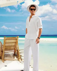 Men's White Pants+Henley Shirts Mandarin Collar 2 Piece Hawiian Beach Cotton Linen Casual Mens Summer Outfits