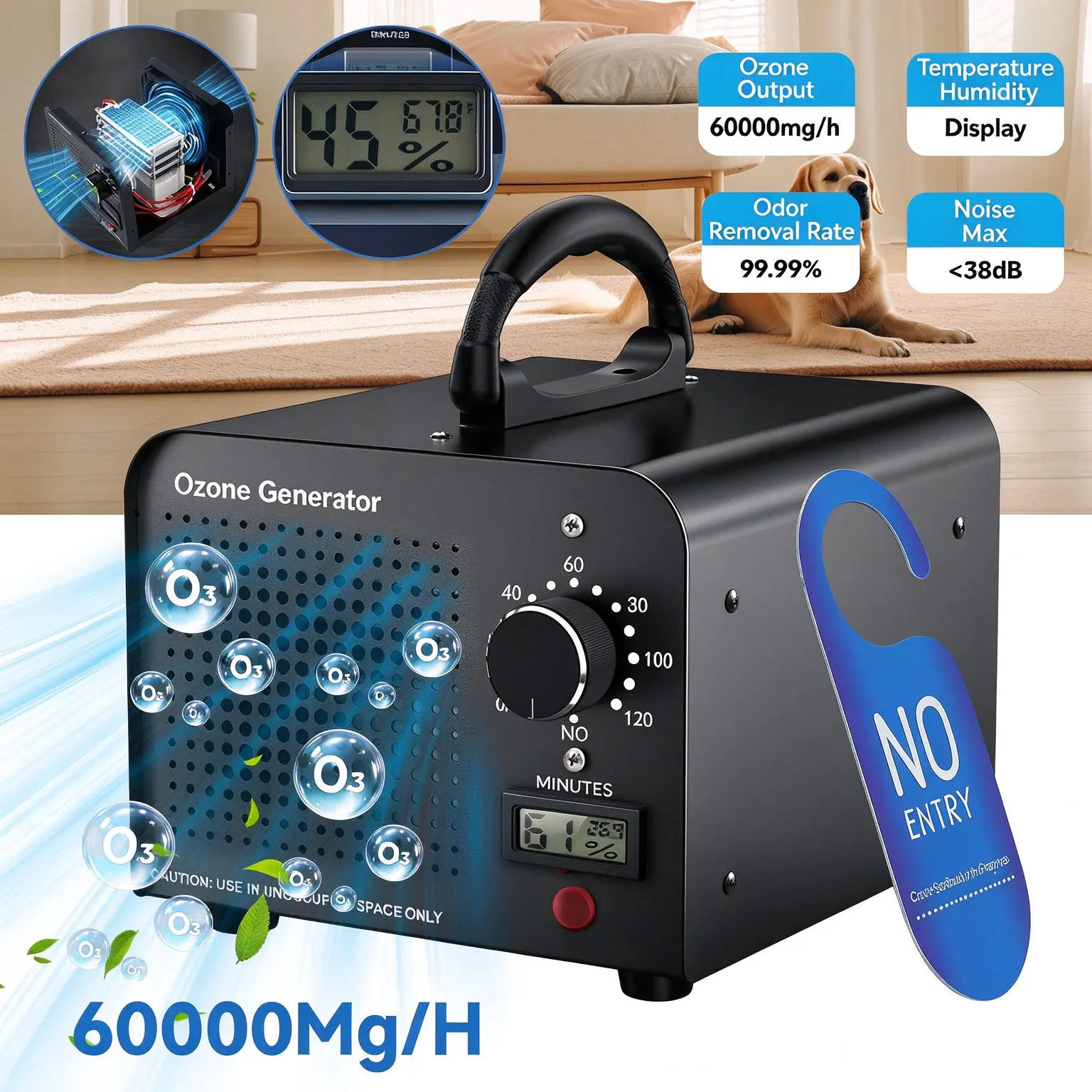 Portable Ozone Generator Air Purifier - 60000mg/h Odor Eliminator, 0-120min Timer, 4500 sq ft Coverage, 3.53lbs, 7.75x6.89x6.3in, Temp & Humidity Display, for Home Pet Odor Removal