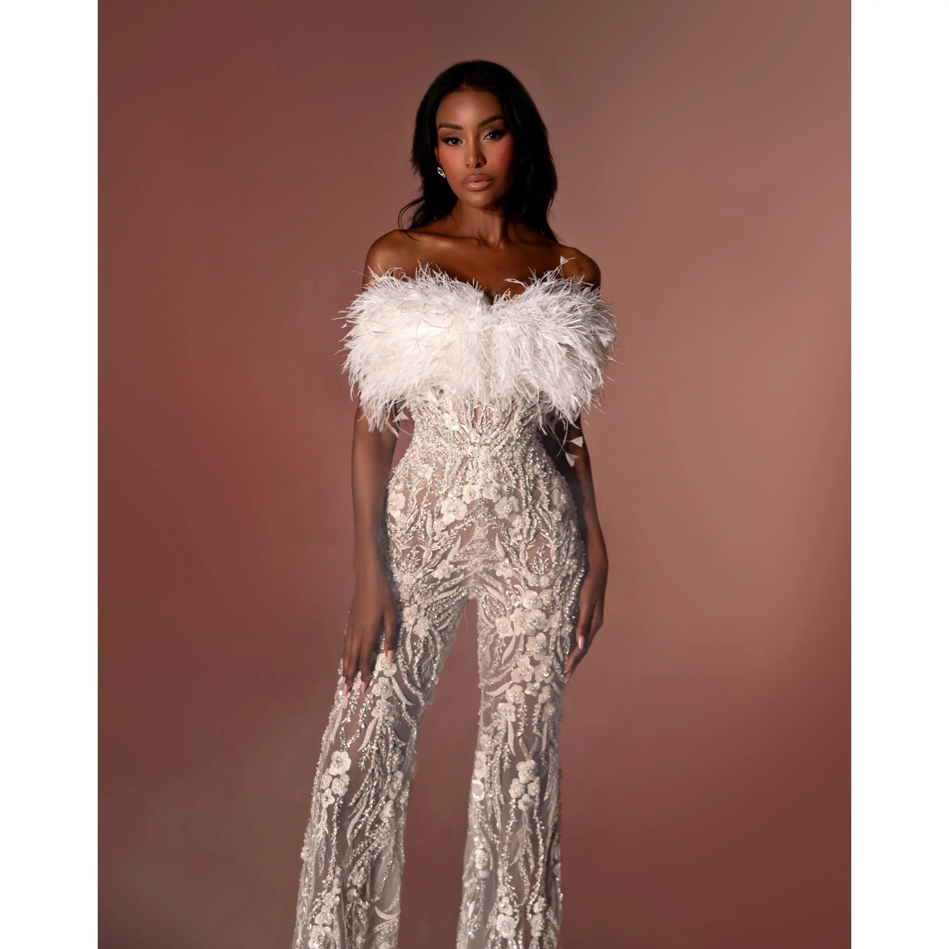 BRIDAL JUMPSUIT WITH FEATHERS