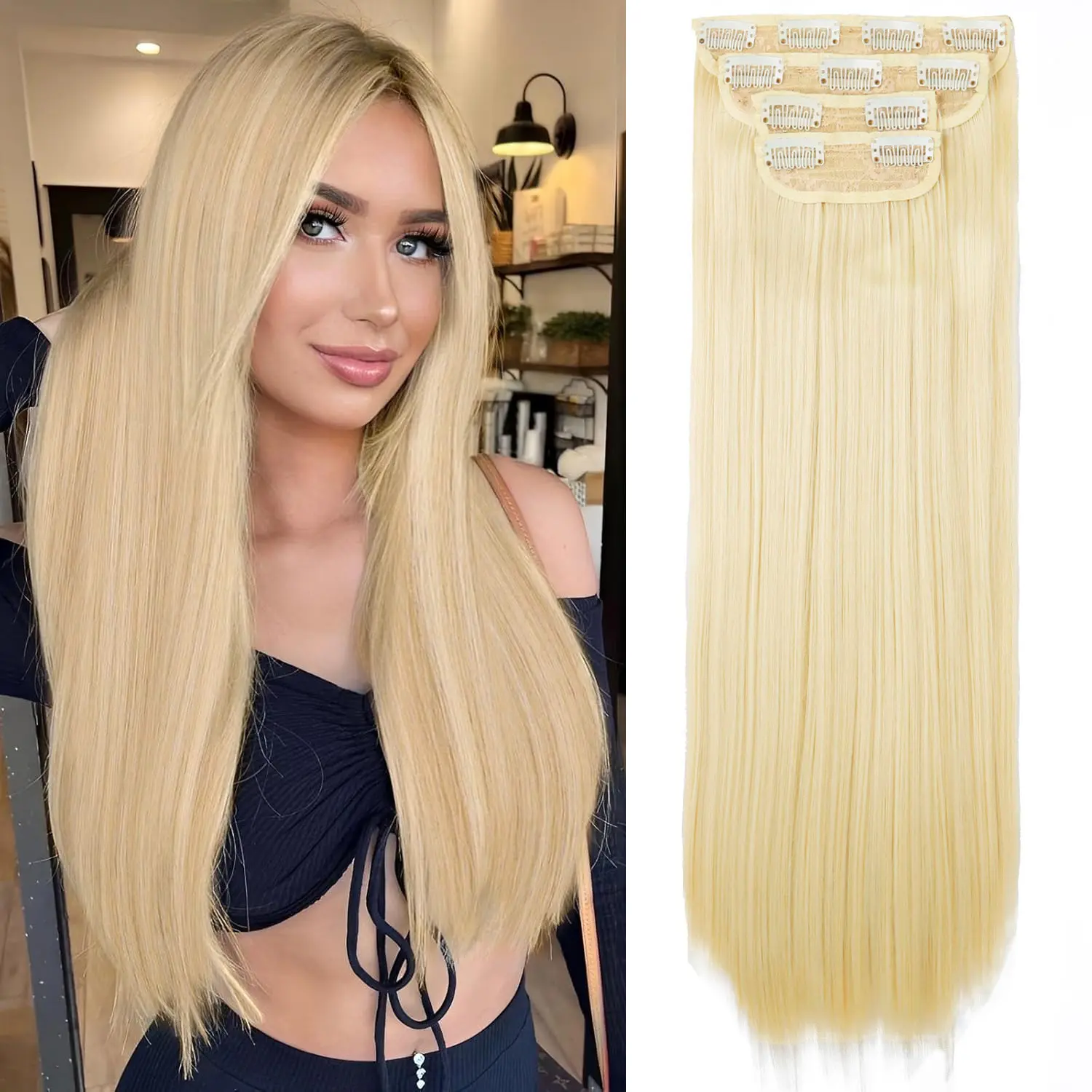 VOSILK Bleach Blonde Straight Clip-in Hair Extensions, 22-Inch Invisible Thick Synthetic Hairpieces, 4PCS Soft Easy-Installation Synthetic Hair Extensions for Women's Weddings & Daily Use, Hair Extension