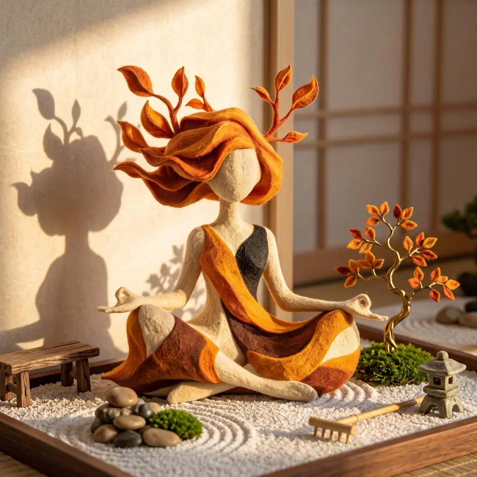 Handmade Felt Goddess Meditation Figurine Zen Garden Decor, Autumn Tree Leaf Hair Goddess Statue for Desk, Home Office, and Mindfulness Space Earth Goddess Yoga Sculpture,Meditating Forest Nymph Statue, Felt Art Ornament, Spiritual Room Decor Gift for Her