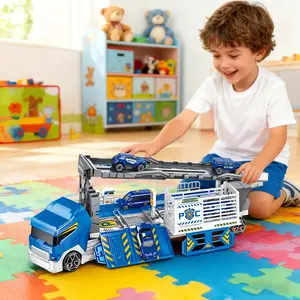 Large children's police car toy set, 2-in-1 transforming transport truck, with mini cars, track ramp, and garage - rescue city police transport truck toy gift Plush Stuffed