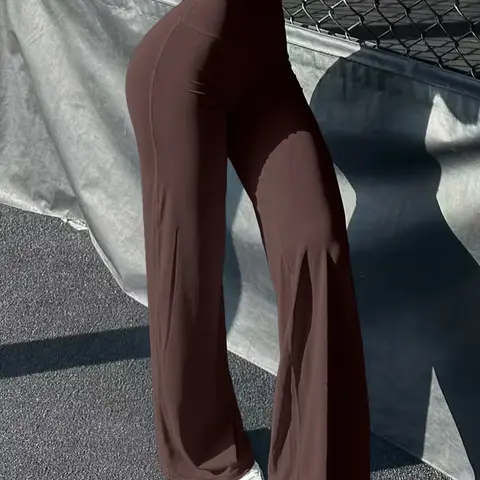 Womens, Casual High Rise Wide Leg Flare Bootcut Yoga Pants Stretchy Knit Soft Everyday Lounge Palazzo Athleisure Slimming Fit Long Length Loose Workout Casual Streetwear Tummy Control Solid Chocolate Brown Travel Comfy Pants