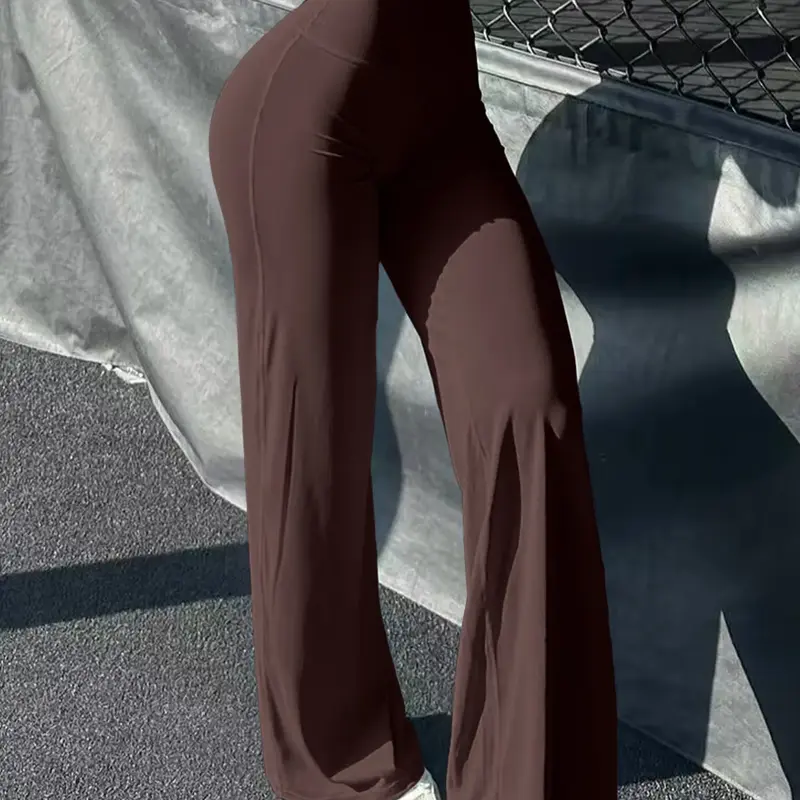 Womens, Casual High Rise Wide Leg Flare Bootcut Yoga Pants Stretchy Knit Soft Everyday Lounge Palazzo Athleisure Slimming Fit Long Length Loose Workout Casual Streetwear Tummy Control Solid Chocolate Brown Travel Comfy Pants
