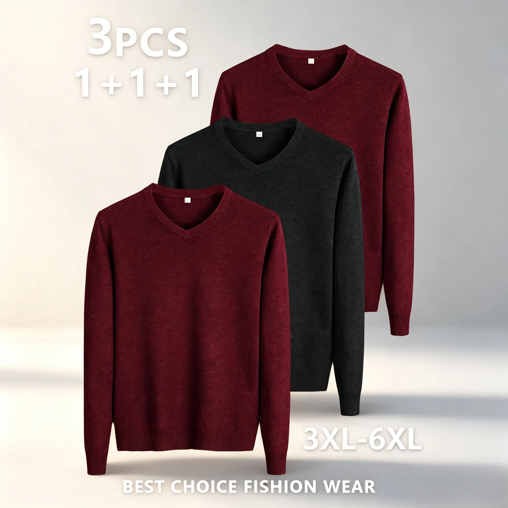 Plus Size Big & Tall Men's 3-Pack Solid V-Neck Relaxed Fit Pullover Sweaters, 3XL-6XL, Skin-Friendly Thermal Elastic Full-Length Long Sleeves, Ribbed Cuffs for Office Daily Outfits, Solid Colors