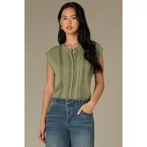 Extended Shoulder Stand Collar Button Down Petite Woven Top