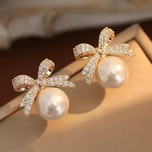 Faux Pearl Exquisite Golden Rhinestone Bow Earrings