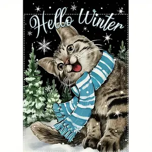 Winter Cat Garden Flag 12x18 Inch, Double-Sided Fade Resistant Polyester Outdoor Decor, No Electricity Needed Machine Washable, Easy Care All Weather Flag for Porch Yard, 1pc Cat Lover Gift