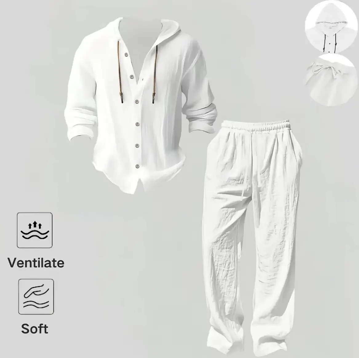 Two-Piece Men's Set Includes Solid Color Buttoned Hooded Shirt and Pants Breathable Regular Fit Casual Long-Sleeve V-Neck Top and Trousers Suitable for Beach Vacations Men's Four-Season Two-Piece Set Clothes Menswear Classic Outfit Day Matching Stylish