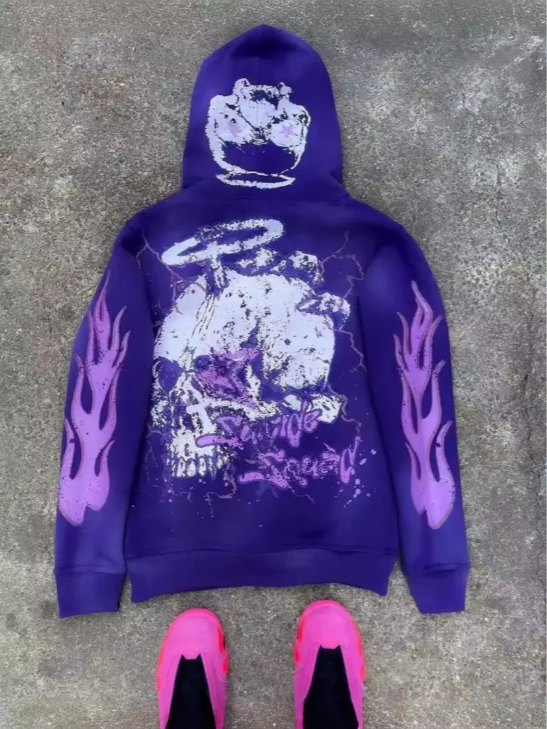 Flame Graphic Full Zip Hoodie: Harajuku Street Fashion Y2K Jacket