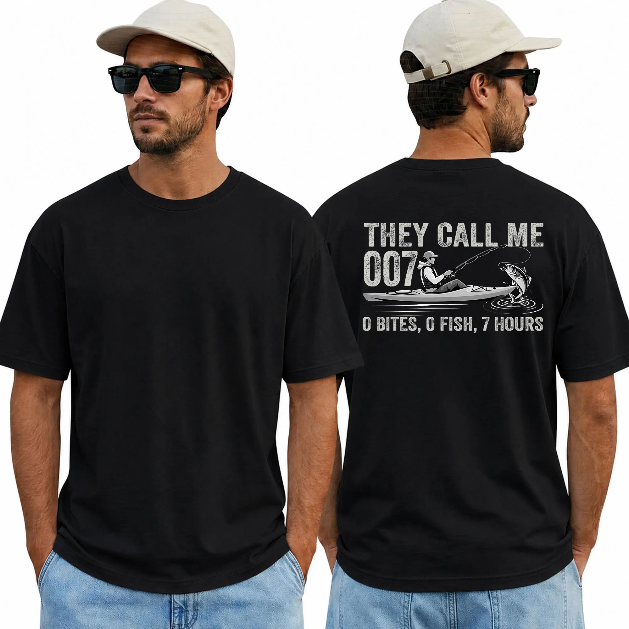 Funny Fishing Shirt, They Call Me 007 0 Bites 0 Fish 7 Hours Graphic Tee, Fishing Humor Gift for Fisherman Dad Grandpa, Unisex T-Shirt Casual Classic Cotton Fabric