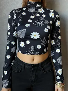 Flower Print Long Sleeve Crop Top,High Neck Stretch Fabric,For All Seasons,Casual Style-XSY716