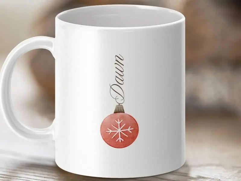 Personalized Christmas Ornament Mug, Festive Holiday Coffee Cup, Custom Name Ceramic Mug, Winter Themed Drinkware, Christmas Gift Idea