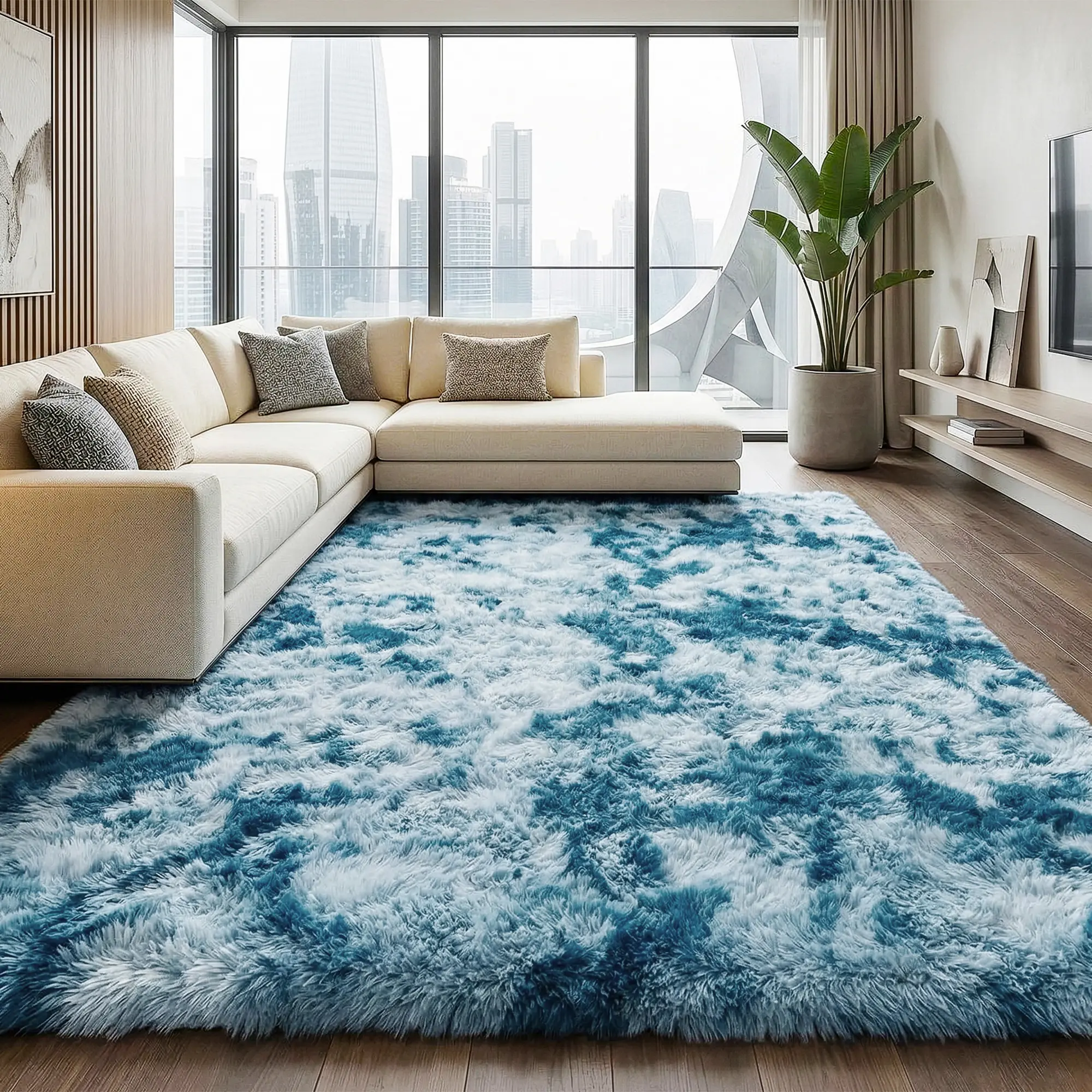 Area Rugs for Living Room, Tie Dye Peacock Blue Ultra Soft Fluffy Shag Rugs for Bedroom, Non-Slip Fuzzy Plush Rug Indoor Floor Carpet For Room, Dorms, Playroom, Modern Home Decor