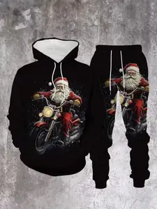 Men's Christmas Hoodie and Sweatpants Set, Sweat Suit, Santa Motorcycle Print, Casual Sportswear, Comfortable Long Sleeve Pullover